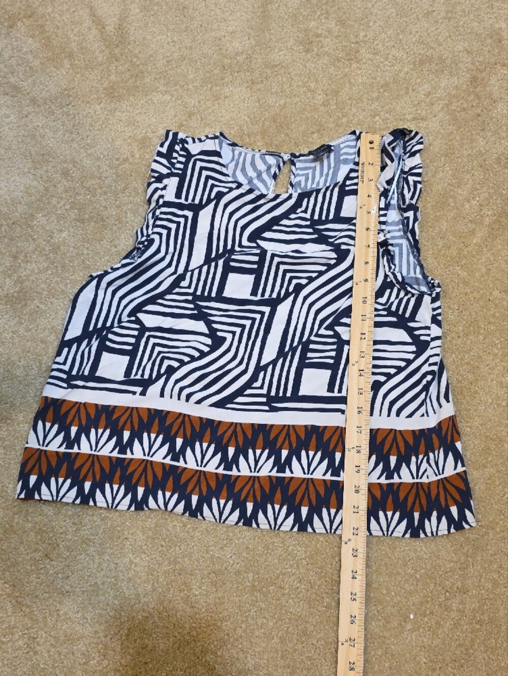 Halogen‎ Navy, White & Brown Geometric Ruffle Shell Sz Large - Picture 6 of 6